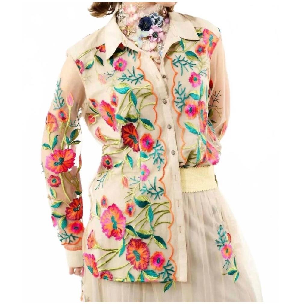 Aratta Silent Journey Top Womens XL Tan Vintage Tulip Floral Romantic Embroidery